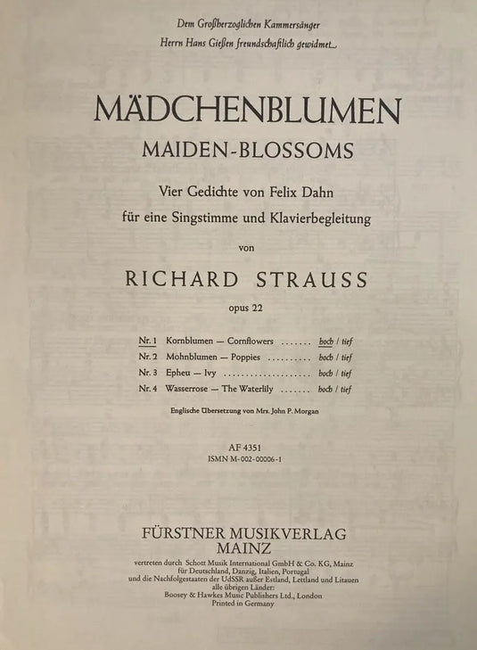 STRAUSS - Mädchenblumen – Kornblumen (hoch) op. 22/1 (1888)