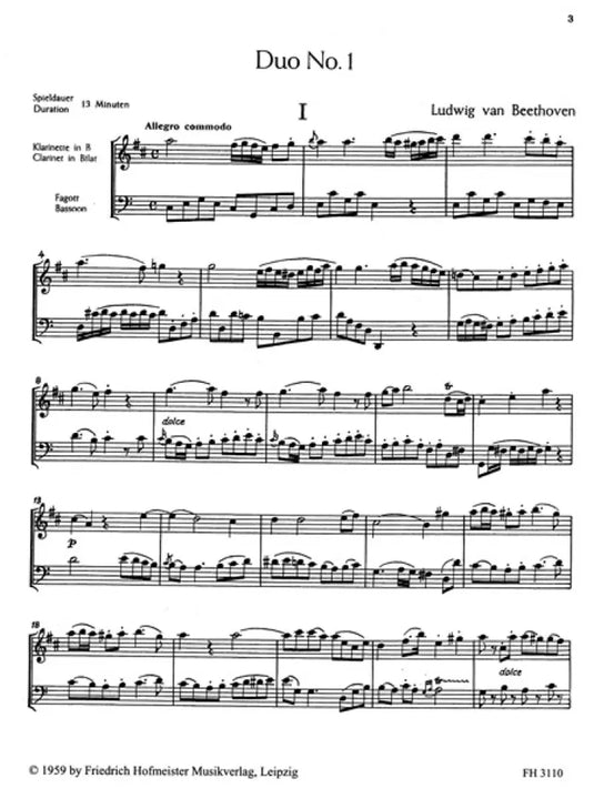 BEETHOVEN - 3 Duos Clarinetto in Bb e fagotto